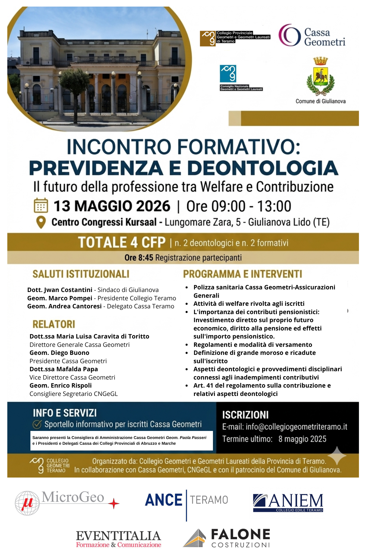 PREVIDENZA E DEONTOLOGIA: Il futuro della professione tra Welfare e Contribuzione - Giulianova 13 maggio 2026 ore 9.00-13.00